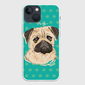 Чехол для iPhone 13 mini с принтом Мопсик в Тюмени,  |  | dog | pug | арт | животное | кружочки | мопс | пес | собака | текстура