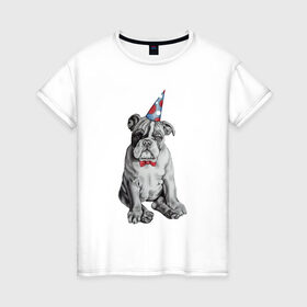 Женская футболка хлопок с принтом праздничный бульдог в Тюмени, 100% хлопок | прямой крой, круглый вырез горловины, длина до линии бедер, слегка спущенное плечо | dog | happy | бабочка | бульдог | день рождение | дог | собака