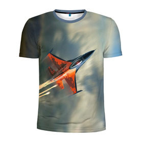 Мужская футболка 3D спортивная с принтом Красный F16 в Тюмени, 100% полиэстер с улучшенными характеристиками | приталенный силуэт, круглая горловина, широкие плечи, сужается к линии бедра | самолет