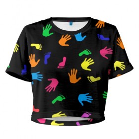 Женская футболка 3D укороченная с принтом Радужное лето в Тюмени, 100% полиэстер | круглая горловина, длина футболки до линии талии, рукава с отворотами | art | искусство | нога | орнамент | отпечаток | рука | след | узор | человек
