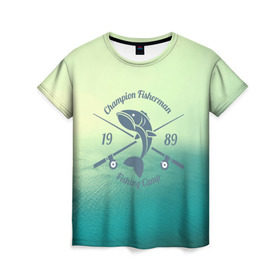 Женская футболка 3D с принтом Champion Fisherman в Тюмени, 100% полиэфир ( синтетическое хлопкоподобное полотно) | прямой крой, круглый вырез горловины, длина до линии бедер | baitbest | bottom | driftwood | fisherman | fishing | fishwaterhook | pike | river | вода | дно | коряга | крючок | лучший рыбак | наживка | река | рыба | рыбалка | щука