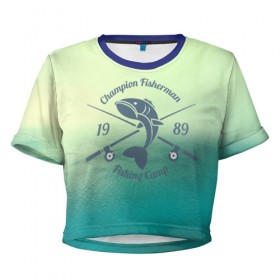 Женская футболка 3D укороченная с принтом Champion Fisherman в Тюмени, 100% полиэстер | круглая горловина, длина футболки до линии талии, рукава с отворотами | baitbest | bottom | driftwood | fisherman | fishing | fishwaterhook | pike | river | вода | дно | коряга | крючок | лучший рыбак | наживка | река | рыба | рыбалка | щука