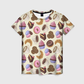 Женская футболка 3D с принтом Радости и сладости 2 в Тюмени, 100% полиэфир ( синтетическое хлопкоподобное полотно) | прямой крой, круглый вырез горловины, длина до линии бедер | глазурь | завтрак | кекс | кофе | крем | круасан | макарон | настроение | паттерн | печенье | пончик | радости | сладости | торт