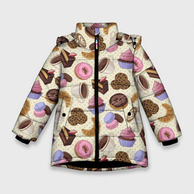 Зимняя куртка для девочек 3D с принтом Радости и сладости 2 в Тюмени, ткань верха — 100% полиэстер; подклад — 100% полиэстер, утеплитель — 100% полиэстер. | длина ниже бедра, удлиненная спинка, воротник стойка и отстегивающийся капюшон. Есть боковые карманы с листочкой на кнопках, утяжки по низу изделия и внутренний карман на молнии. 

Предусмотрены светоотражающий принт на спинке, радужный светоотражающий элемент на пуллере молнии и на резинке для утяжки. | Тематика изображения на принте: глазурь | завтрак | кекс | кофе | крем | круасан | макарон | настроение | паттерн | печенье | пончик | радости | сладости | торт