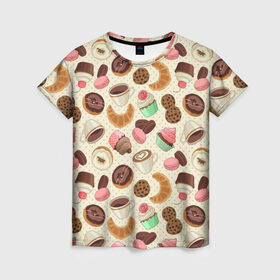 Женская футболка 3D с принтом Радости и сладости 3 в Тюмени, 100% полиэфир ( синтетическое хлопкоподобное полотно) | прямой крой, круглый вырез горловины, длина до линии бедер | глазурь | завтрак | кекс | кофе | крем | круасан | макарон | настроение | паттерн | печенье | пончик | радости | сладости | торт