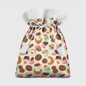 Подарочный 3D мешок с принтом Радости и сладости 3 в Тюмени, 100% полиэстер | Размер: 29*39 см | глазурь | завтрак | кекс | кофе | крем | круасан | макарон | настроение | паттерн | печенье | пончик | радости | сладости | торт
