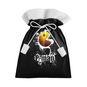 Подарочный 3D мешок с принтом P-man в Тюмени, 100% полиэстер | Размер: 29*39 см | Тематика изображения на принте: брызги | видеоигра | глаз | голова | желтый | игра | игровой автомат | капли | надпись | пакман | пожиратель | приставка | рот | старая