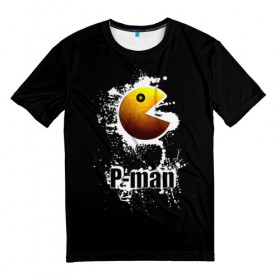 Мужская футболка 3D с принтом P-man в Тюмени, 100% полиэфир | прямой крой, круглый вырез горловины, длина до линии бедер | брызги | видеоигра | глаз | голова | желтый | игра | игровой автомат | капли | надпись | пакман | пожиратель | приставка | рот | старая
