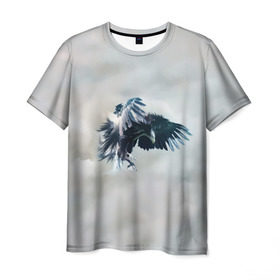Мужская футболка 3D с принтом Орлиная атака в Тюмени, 100% полиэфир | прямой крой, круглый вырез горловины, длина до линии бедер | клюв | коршун | крылья | небо | облака | опасность | орел | охота | полет. перья | птица | хищник