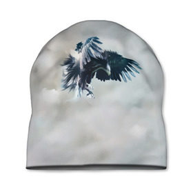 Шапка 3D с принтом Орлиная атака в Тюмени, 100% полиэстер | универсальный размер, печать по всей поверхности изделия | клюв | коршун | крылья | небо | облака | опасность | орел | охота | полет. перья | птица | хищник