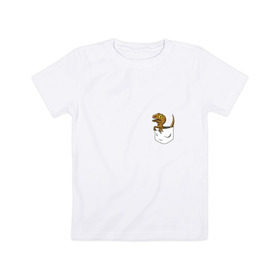 Детская футболка хлопок с принтом Дракончик в кармашке в Тюмени, 100% хлопок | круглый вырез горловины, полуприлегающий силуэт, длина до линии бедер | Тематика изображения на принте: дино | динозавр | карман | ящерица | ящерка