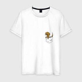 Мужская футболка хлопок с принтом Дракончик в кармашке в Тюмени, 100% хлопок | прямой крой, круглый вырез горловины, длина до линии бедер, слегка спущенное плечо. | Тематика изображения на принте: дино | динозавр | карман | ящерица | ящерка