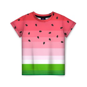 Детская футболка 3D с принтом Арбузик в Тюмени, 100% гипоаллергенный полиэфир | прямой крой, круглый вырез горловины, длина до линии бедер, чуть спущенное плечо, ткань немного тянется | pattern | trend | арбуз | зеленый | косточки | красный | мода | патерн | паттерн | розовый | текстура | тренд | фрукт | ягода