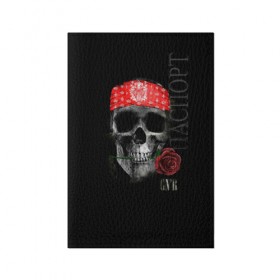 Обложка для паспорта матовая кожа с принтом Череп с розой в Тюмени, натуральная матовая кожа | размер 19,3 х 13,7 см; прозрачные пластиковые крепления | пираты | повязка | роза | романтика | скелет | череп