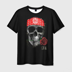 Мужская футболка 3D с принтом Череп с розой в Тюмени, 100% полиэфир | прямой крой, круглый вырез горловины, длина до линии бедер | пираты | повязка | роза | романтика | скелет | череп