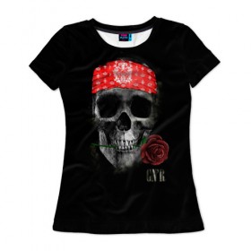 Женская футболка 3D с принтом Череп с розой в Тюмени, 100% полиэфир ( синтетическое хлопкоподобное полотно) | прямой крой, круглый вырез горловины, длина до линии бедер | пираты | повязка | роза | романтика | скелет | череп