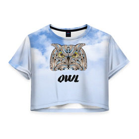 Женская футболка 3D укороченная с принтом Owl в Тюмени, 100% полиэстер | круглая горловина, длина футболки до линии талии, рукава с отворотами | owl | животные | полуночник | природа | сова | сыч | филин | этника