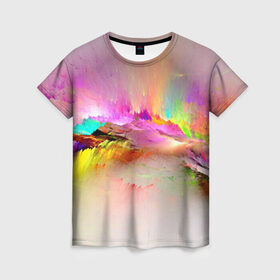 Женская футболка 3D с принтом Краски неба в Тюмени, 100% полиэфир ( синтетическое хлопкоподобное полотно) | прямой крой, круглый вырез горловины, длина до линии бедер | abstract | background | bright | colorful | colors | painting | rainbow | splash | краски | фон