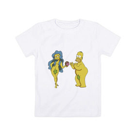 Детская футболка хлопок с принтом Симпсоны в Тюмени, 100% хлопок | круглый вырез горловины, полуприлегающий силуэт, длина до линии бедер | Тематика изображения на принте: bart | homer | love | simpsons | адам | барт | гомер | ева | любовь | мульт | мультфильм | пончик | симпсоны