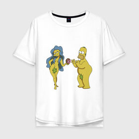 Мужская футболка хлопок Oversize с принтом Симпсоны в Тюмени, 100% хлопок | свободный крой, круглый ворот, “спинка” длиннее передней части | bart | homer | love | simpsons | адам | барт | гомер | ева | любовь | мульт | мультфильм | пончик | симпсоны