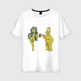 Женская футболка хлопок Oversize с принтом Симпсоны в Тюмени, 100% хлопок | свободный крой, круглый ворот, спущенный рукав, длина до линии бедер
 | bart | homer | love | simpsons | адам | барт | гомер | ева | любовь | мульт | мультфильм | пончик | симпсоны