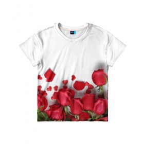 Детская футболка 3D с принтом Розы в Тюмени, 100% гипоаллергенный полиэфир | прямой крой, круглый вырез горловины, длина до линии бедер, чуть спущенное плечо, ткань немного тянется | flowers | gift | hearts | love | red | romantic | roses | valentines day | красные розы | сердечки