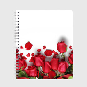 Тетрадь с принтом Розы в Тюмени, 100% бумага | 48 листов, плотность листов — 60 г/м2, плотность картонной обложки — 250 г/м2. Листы скреплены сбоку удобной пружинной спиралью. Уголки страниц и обложки скругленные. Цвет линий — светло-серый
 | flowers | gift | hearts | love | red | romantic | roses | valentines day | красные розы | сердечки