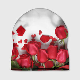 Шапка 3D с принтом Розы в Тюмени, 100% полиэстер | универсальный размер, печать по всей поверхности изделия | Тематика изображения на принте: flowers | gift | hearts | love | red | romantic | roses | valentines day | красные розы | сердечки