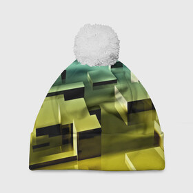 Шапка 3D c помпоном с принтом Плавающие кубы в Тюмени, 100% полиэстер | универсальный размер, печать по всей поверхности изделия | abstract | abstraction | block | tessera | абстракция | кубики | текстура