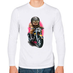 Мужской лонгслив хлопок с принтом Кот мотоциклист в Тюмени, 100% хлопок |  | moto | киса | кот | котэ | мото | мотоцикл | очки | шлем