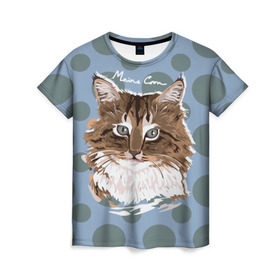Женская футболка 3D с принтом Мейн-Кун в Тюмени, 100% полиэфир ( синтетическое хлопкоподобное полотно) | прямой крой, круглый вырез горловины, длина до линии бедер | Тематика изображения на принте: cat | kitten | kitty | maine coon | pet | арт | животные | коты | кошки | кружочки | мейн кун | текстура