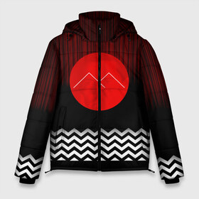 Мужская зимняя куртка 3D с принтом Twin Peaks в Тюмени, верх — 100% полиэстер; подкладка — 100% полиэстер; утеплитель — 100% полиэстер | длина ниже бедра, свободный силуэт Оверсайз. Есть воротник-стойка, отстегивающийся капюшон и ветрозащитная планка. 

Боковые карманы с листочкой на кнопках и внутренний карман на молнии. | Тематика изображения на принте: герои | детектив | драма | знаки | кино | сериал | сериаломан | серия | символы | твин пикс | третий сезон | фильм