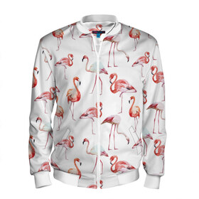Мужской бомбер 3D с принтом Фламинго в Тюмени, 100% полиэстер | застегивается на молнию, по бокам два кармана без застежек, по низу бомбера и на воротнике - эластичная резинка | vppdgryphon | арт | краска | прикольные | птицы | фламинго | цветные