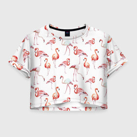 Женская футболка 3D укороченная с принтом Фламинго в Тюмени, 100% полиэстер | круглая горловина, длина футболки до линии талии, рукава с отворотами | vppdgryphon | арт | краска | прикольные | птицы | фламинго | цветные
