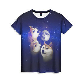 Женская футболка 3D с принтом Космопес Хатико в Тюмени, 100% полиэфир ( синтетическое хлопкоподобное полотно) | прямой крой, круглый вырез горловины, длина до линии бедер | акита ину | взгляд | голова | звезды | космос | лай | луна | мем | пасть | пес | собака | хатико
