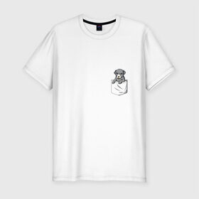 Мужская футболка премиум с принтом Карман в Тюмени, 92% хлопок, 8% лайкра | приталенный силуэт, круглый вырез ворота, длина до линии бедра, короткий рукав | Тематика изображения на принте: дог | карман | собака | щенок