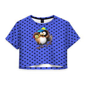 Женская футболка 3D укороченная с принтом Счастливый совенок в Тюмени, 100% полиэстер | круглая горловина, длина футболки до линии талии, рукава с отворотами | owl | summer | животные | лето | мороженое | полуночник | природа | сова | сыч | филин