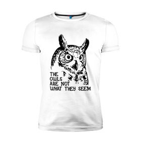 Мужская футболка премиум с принтом Twin Peaks Owl в Тюмени, 92% хлопок, 8% лайкра | приталенный силуэт, круглый вырез ворота, длина до линии бедра, короткий рукав | животные | надпись | птицы | сериал | сова | твин пикс | фильмы