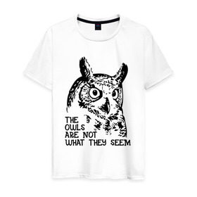 Мужская футболка хлопок с принтом Twin Peaks Owl в Тюмени, 100% хлопок | прямой крой, круглый вырез горловины, длина до линии бедер, слегка спущенное плечо. | животные | надпись | птицы | сериал | сова | твин пикс | фильмы