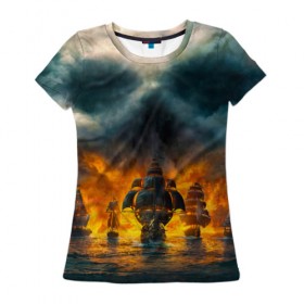 Женская футболка 3D с принтом Пираты в Тюмени, 100% полиэфир ( синтетическое хлопкоподобное полотно) | прямой крой, круглый вырез горловины, длина до линии бедер | корабли | пираты | череп