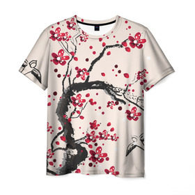 Мужская футболка 3D с принтом Сакура в Тюмени, 100% полиэфир | прямой крой, круглый вырез горловины, длина до линии бедер | вишня | дерево | зима | красный | новинки | птицы | черный | япония