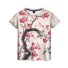 Женская футболка 3D с принтом Сакура в Тюмени, 100% полиэфир ( синтетическое хлопкоподобное полотно) | прямой крой, круглый вырез горловины, длина до линии бедер | вишня | дерево | зима | красный | новинки | птицы | черный | япония