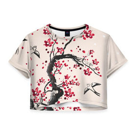 Женская футболка 3D укороченная с принтом Сакура в Тюмени, 100% полиэстер | круглая горловина, длина футболки до линии талии, рукава с отворотами | вишня | дерево | зима | красный | новинки | птицы | черный | япония