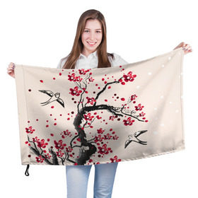 Флаг 3D с принтом Сакура в Тюмени, 100% полиэстер | плотность ткани — 95 г/м2, размер — 67 х 109 см. Принт наносится с одной стороны | вишня | дерево | зима | красный | новинки | птицы | черный | япония