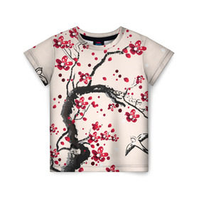 Детская футболка 3D с принтом Сакура в Тюмени, 100% гипоаллергенный полиэфир | прямой крой, круглый вырез горловины, длина до линии бедер, чуть спущенное плечо, ткань немного тянется | вишня | дерево | зима | красный | новинки | птицы | черный | япония