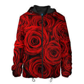 Мужская куртка 3D с принтом Красные розы в Тюмени, ткань верха — 100% полиэстер, подклад — флис | прямой крой, подол и капюшон оформлены резинкой с фиксаторами, два кармана без застежек по бокам, один большой потайной карман на груди. Карман на груди застегивается на липучку | букет | красный | розы | цветы