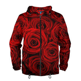 Мужская ветровка 3D с принтом Красные розы в Тюмени, 100% полиэстер | подол и капюшон оформлены резинкой с фиксаторами, два кармана без застежек по бокам, один потайной карман на груди | букет | красный | розы | цветы