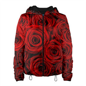 Женская куртка 3D с принтом Красные розы в Тюмени, ткань верха — 100% полиэстер, подклад — флис | прямой крой, подол и капюшон оформлены резинкой с фиксаторами, два кармана без застежек по бокам, один большой потайной карман на груди. Карман на груди застегивается на липучку | букет | красный | розы | цветы