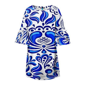 Детское платье 3D с принтом Роспись гжель в Тюмени, 100% полиэстер | прямой силуэт, чуть расширенный к низу. Круглая горловина, на рукавах — воланы | народный | орнамент | роспись | традиционный