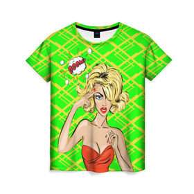 Женская футболка 3D с принтом BOOM! в Тюмени, 100% полиэфир ( синтетическое хлопкоподобное полотно) | прямой крой, круглый вырез горловины, длина до линии бедер | pop art | девушки | квадратики | полосы | поп арт | ретро | текстура